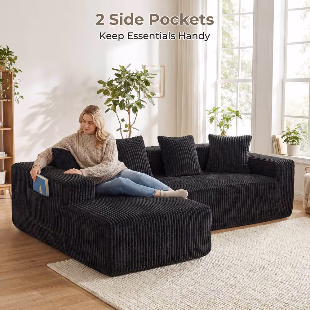 Dprodo 4 Seater Modular Left L-Shaped Sectional Sofa in Black Velvet Cord Fabric, Width: 261 cm – 5