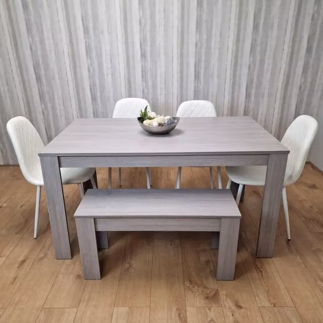 KOSY KOALA Grey Dining Set with 4 White Chairs and 1 Bench, W/D/H: 140 x 80 x 75 cm
