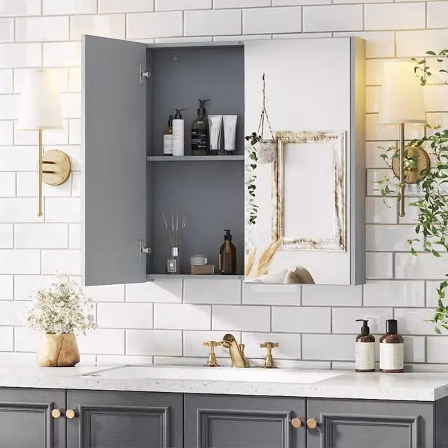 Costway Grey Wall Mounted Bathroom Storage Cupboard with Mirror and Internal Shelves