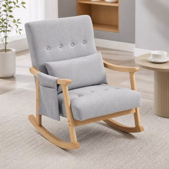 STILVORA Grey Fabric Rocking Chair with Armrests and Side Pocket and Solid Rubberwood Frame – 1