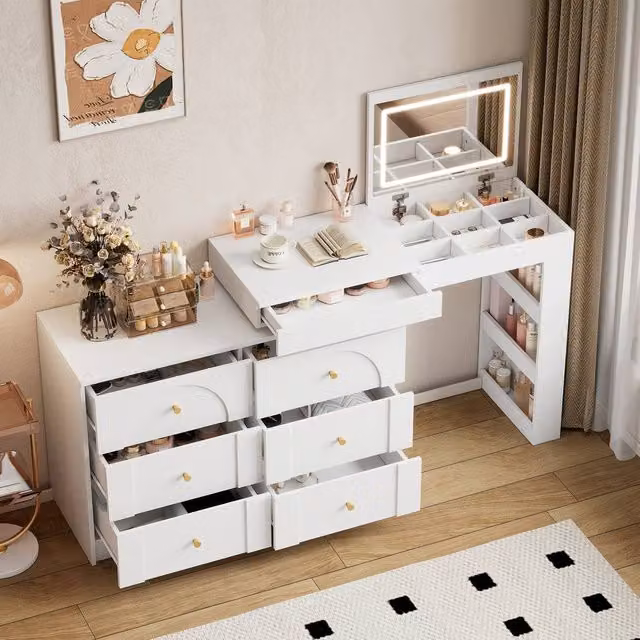 Merax L-Shaped Extendable Dressing Table with LED Flip Mirror and 7 Drawers in White and Gold