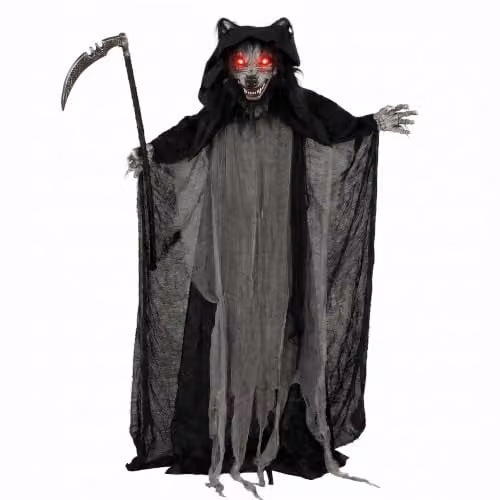 HOMCOM Halloween Standing Werewolf Animated Decoration with Light-Up Eyes in Black and Red, Height: 170 cm – 1