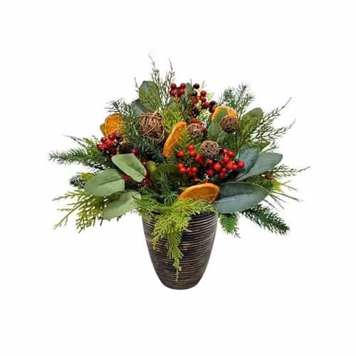Shatchi Christmas Tree Topiary with Red Berries, Orange Slices, Eucalyptus and Rattan Balls, Green and Red Tabletop Decoration, Height: 40.64 cm