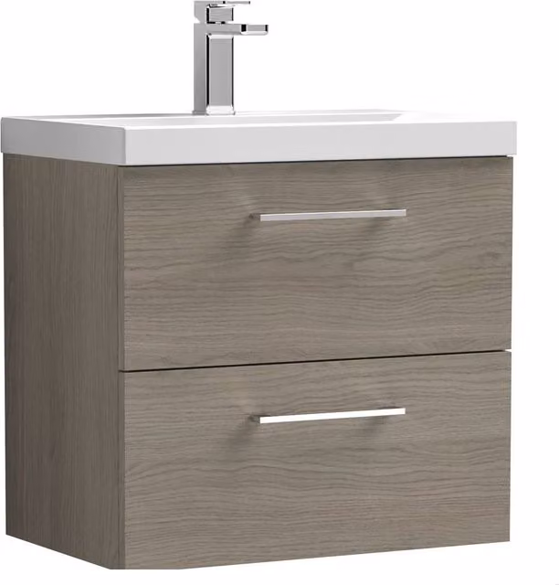 Balterley Solace Oak Wall Mounted Bathroom Vanity Unit with 2 Soft Close Drawers, Brown, Width: 60 cm – 1
