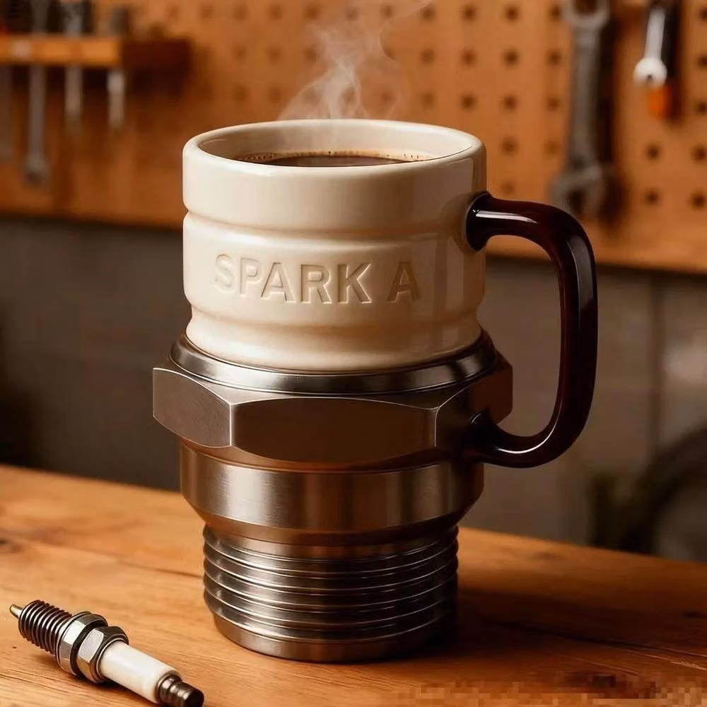 PAWNORA Funny Spark Plug Ceramic Mug in Silver and White – 2