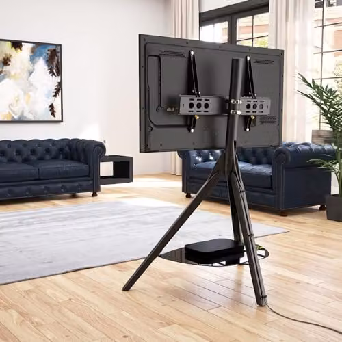 AVF Hoxton Black Tripod TV Floor Stand with Wood Legs and Black Glass Shelf for TVs 32 to 70 inches – 4