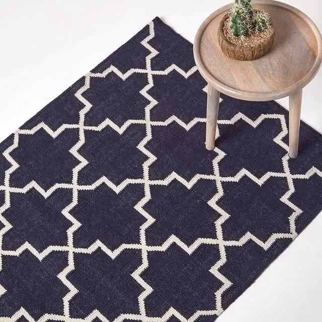 Homescapes Edmonton Moroccan Handwoven Cotton Kilim Rug in Blue and White, Width: 150 cm