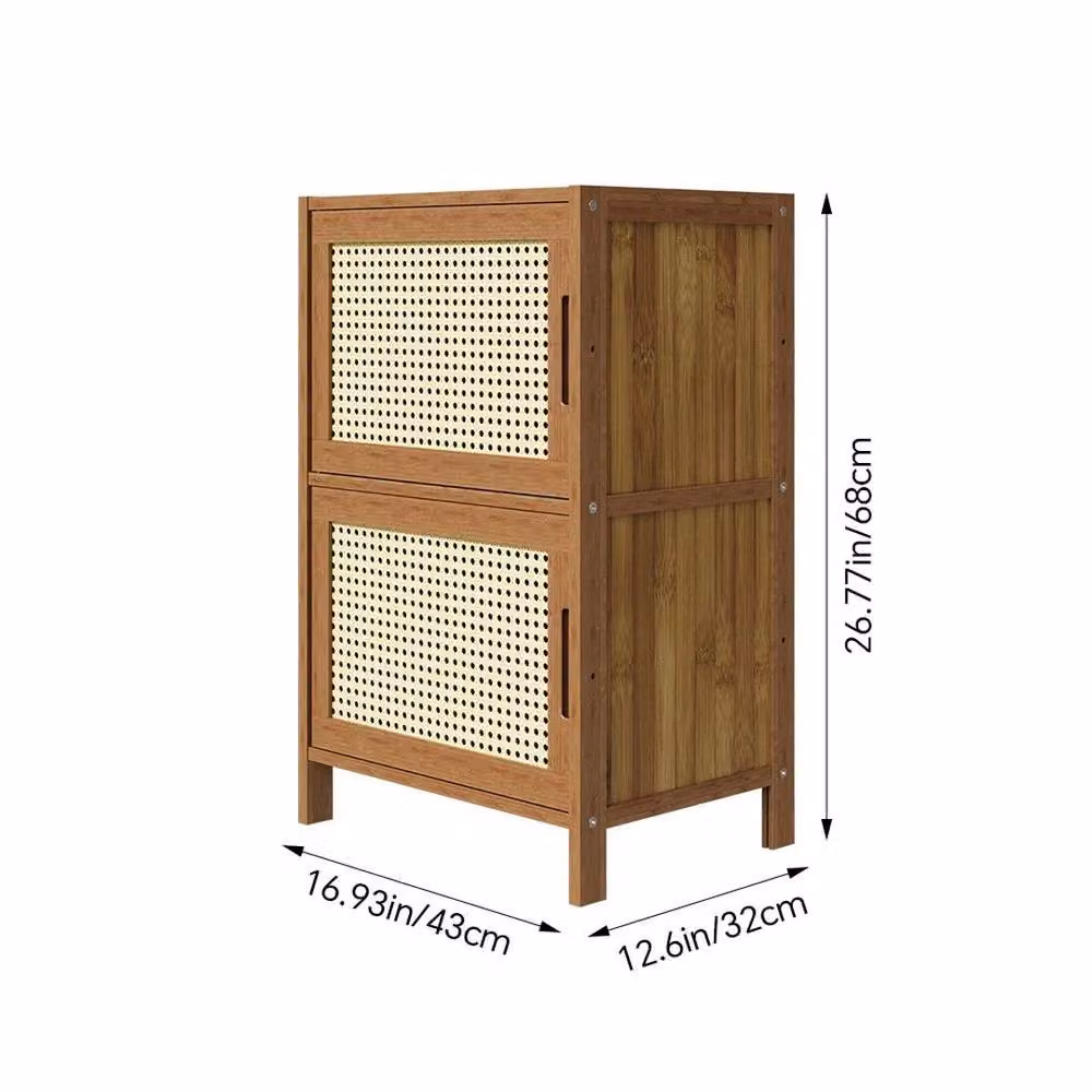 EONLION Brown Wooden Bedside Table with Rattan Cabinet and Geometric Design – 2