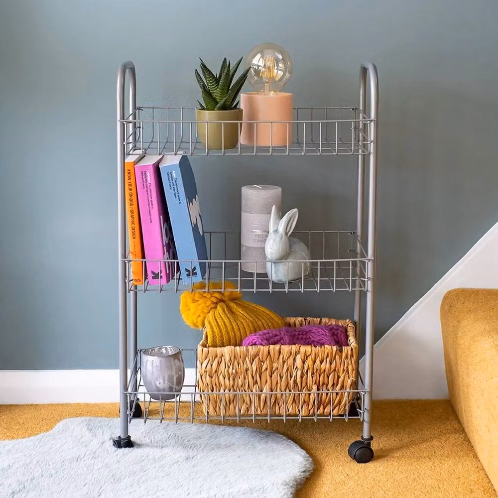 VOGREX Silver 3-Tier Rolling Metal Fruit and Vegetable Storage Trolley Cart, W/D/H: 40 x 40 x 64 cm – 2