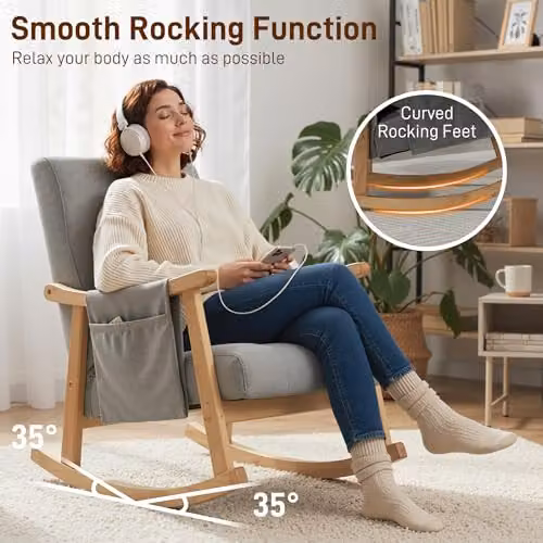 HOMCOM Modern High Back Rocking Chair with Solid Wood Legs in Grey – 3