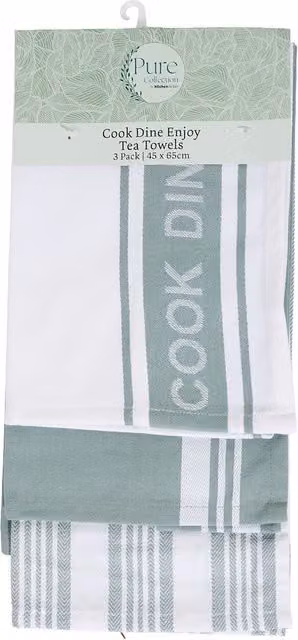 Pure Collection Pack of 3 Highly Absorbent Striped Green Cotton Tea Towels