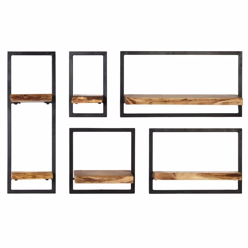 Berkfield Home 5 Piece Set of Industrial Wall Mounted Shelves in Brown Solid Acacia Wood and Steel – 2