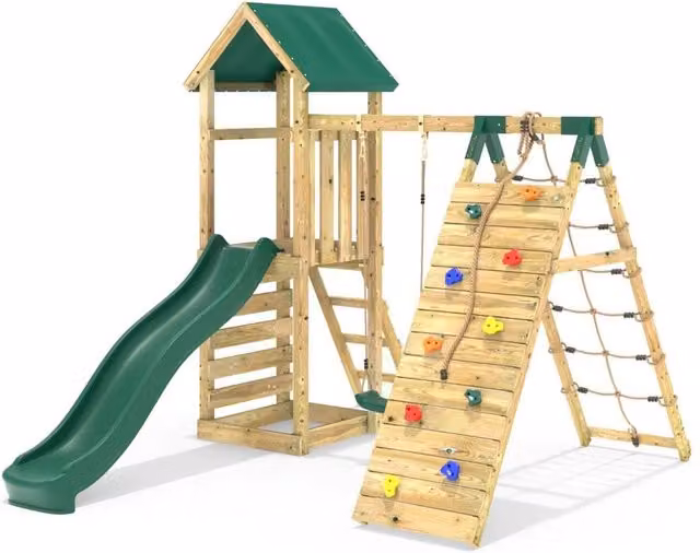 Rebo Wooden Climbing Frame with Swing, Up-and-Over Climbing Wall and Slide in Green