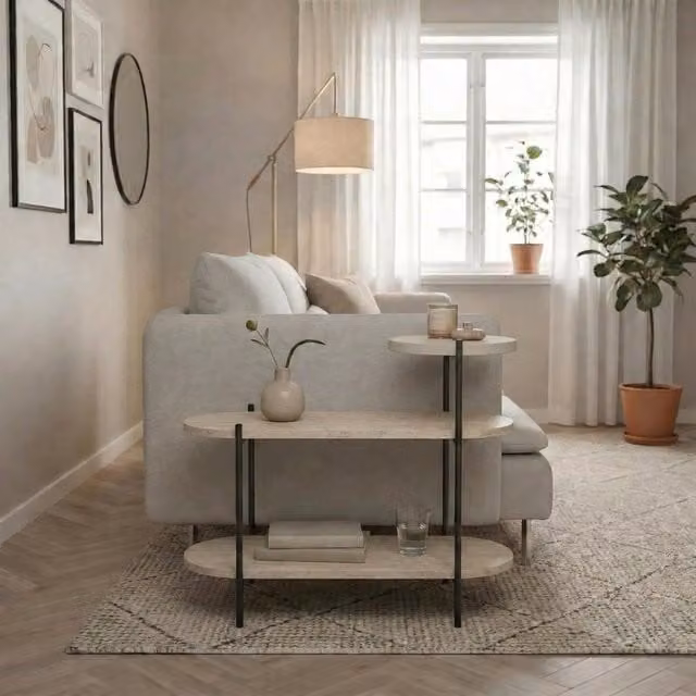 Decortie Somo 3-Tier Display Side Table with Oval and Round Shelves in Beige Travertine, H: 63.5 cm, W: 56.7 cm, D: 25.5 cm