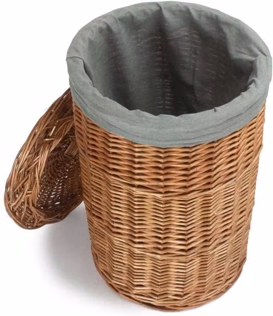Red Hamper Small Round Steamed Linen Basket with Grey Sage Lining and Handles – 1