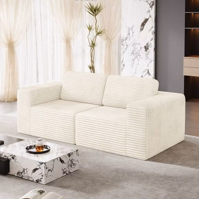 Dprodo Corduroy Modular L-Shape Loveseat Sofa in Beige with Matching Ottoman and Removable Covers, W: 202 cm, D: 101 cm, H: 82 cm – 1