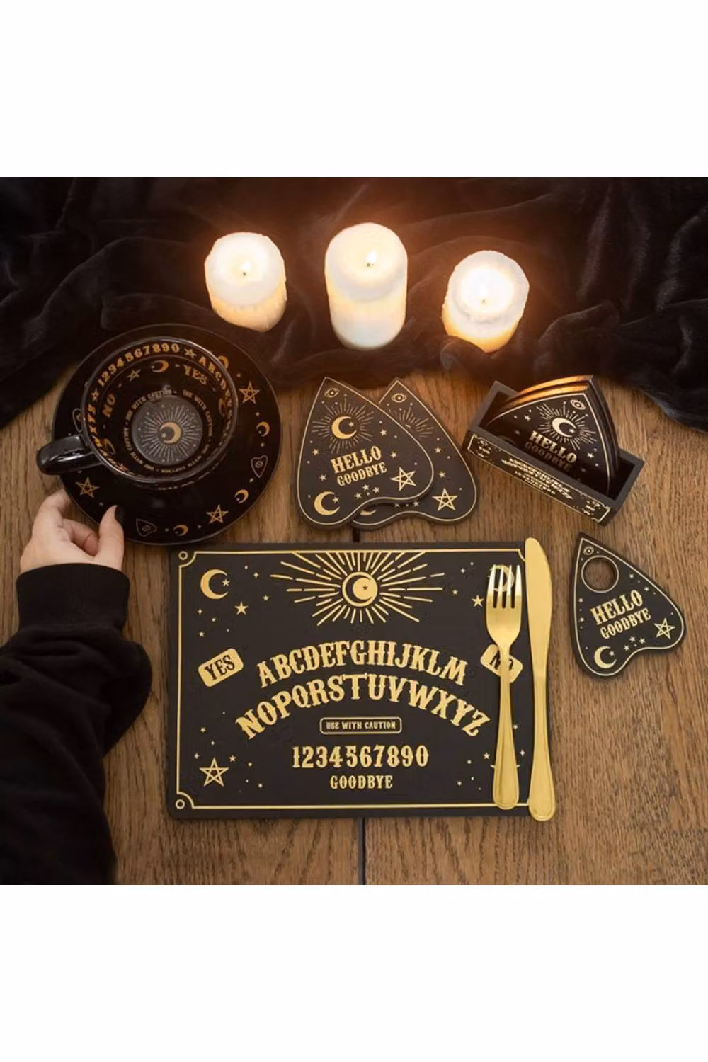 KDMD Black and Gold Talking Board Placemat and Coaster Set with Celestial Vintage Design – 4