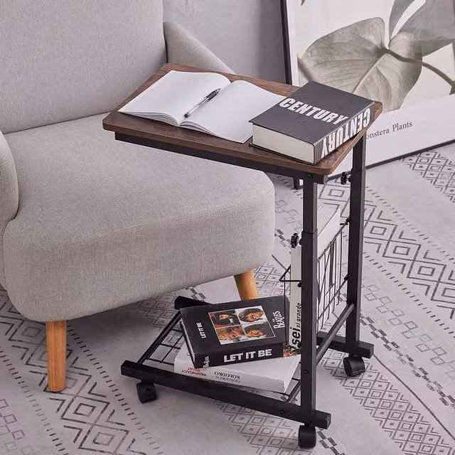 Living and Home Height Adjustable Mobile Overbed Desk with Wheels in Brown – 1