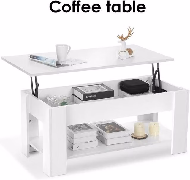 Nordara White Wooden Coffee Table with Lift Mechanism and Storage Shelf, W: 120 cm, D: 70 cm, H: 70 cm – 1