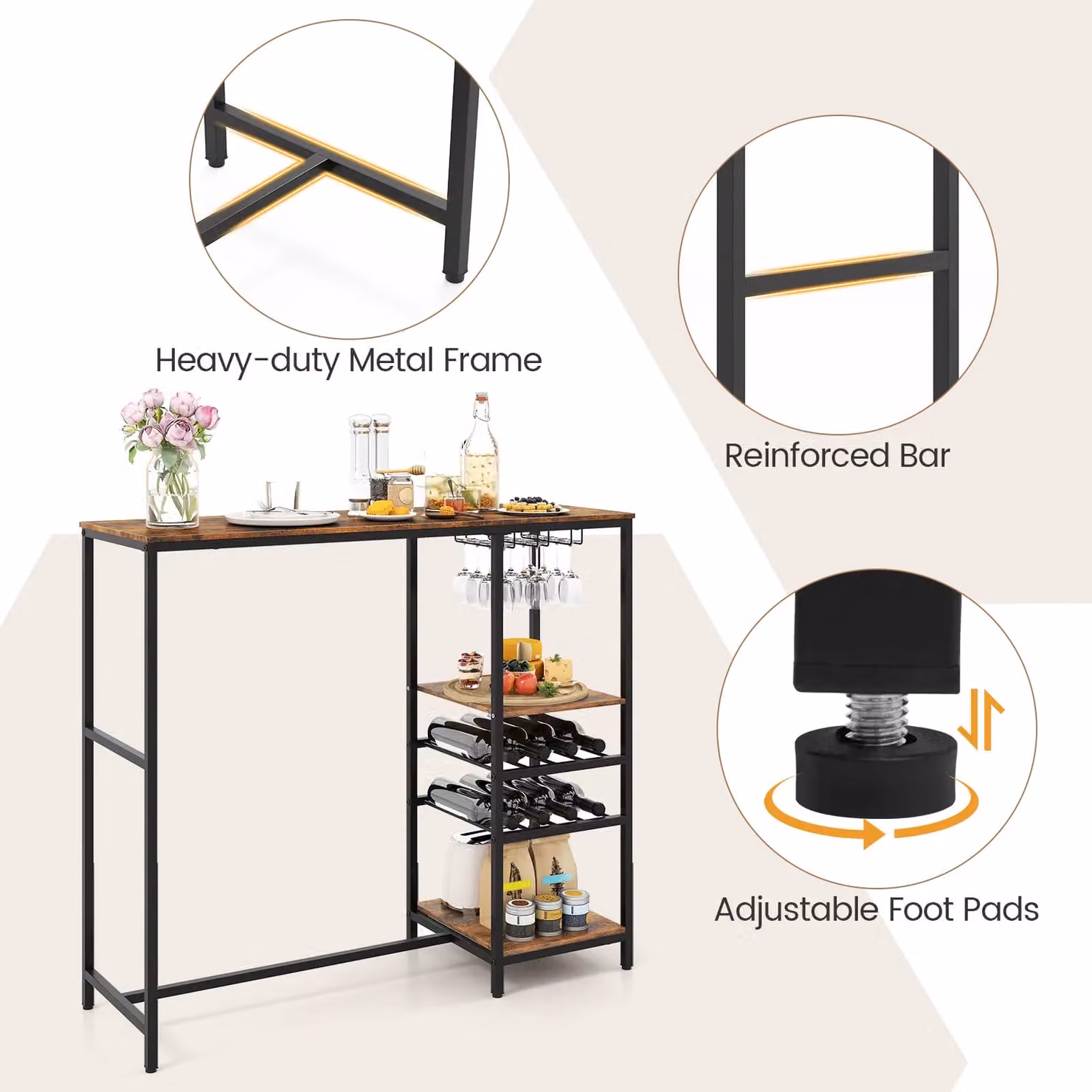 Gymax Rustic Brown Bar Table with Glass Top and Serving Shelves – 10