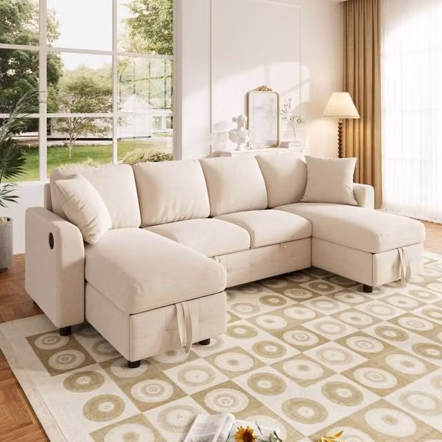 Merax Modern U-Shaped Pull-Out Sofa Bed in Beige with Dual Storage Chaises and USB Charging