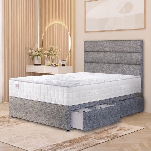 Horizona Grey Tweed Divan Bed Set with Pocket Spring Hybrid Mattress and Floor Standing Headboard W/D/H: 90 x 190 x 34.5 cm