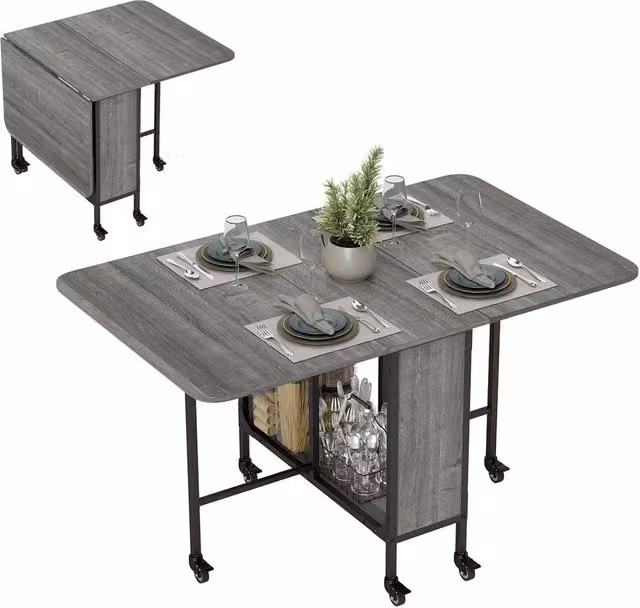 KORVIXA Grey Extendable Rectangular Dining Table with Castors and Butterfly Leaf – 1