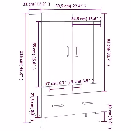 vidaXL Highboard in Smoked Oak with Glass Doors, H 115 x W 69.5 x D 31 cm – 3