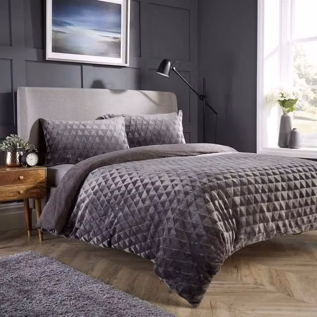 NewEdgeBlinds Reversible Graphic Fleece Duvet Cover in Grey Anthracite, 140 x 200 cm