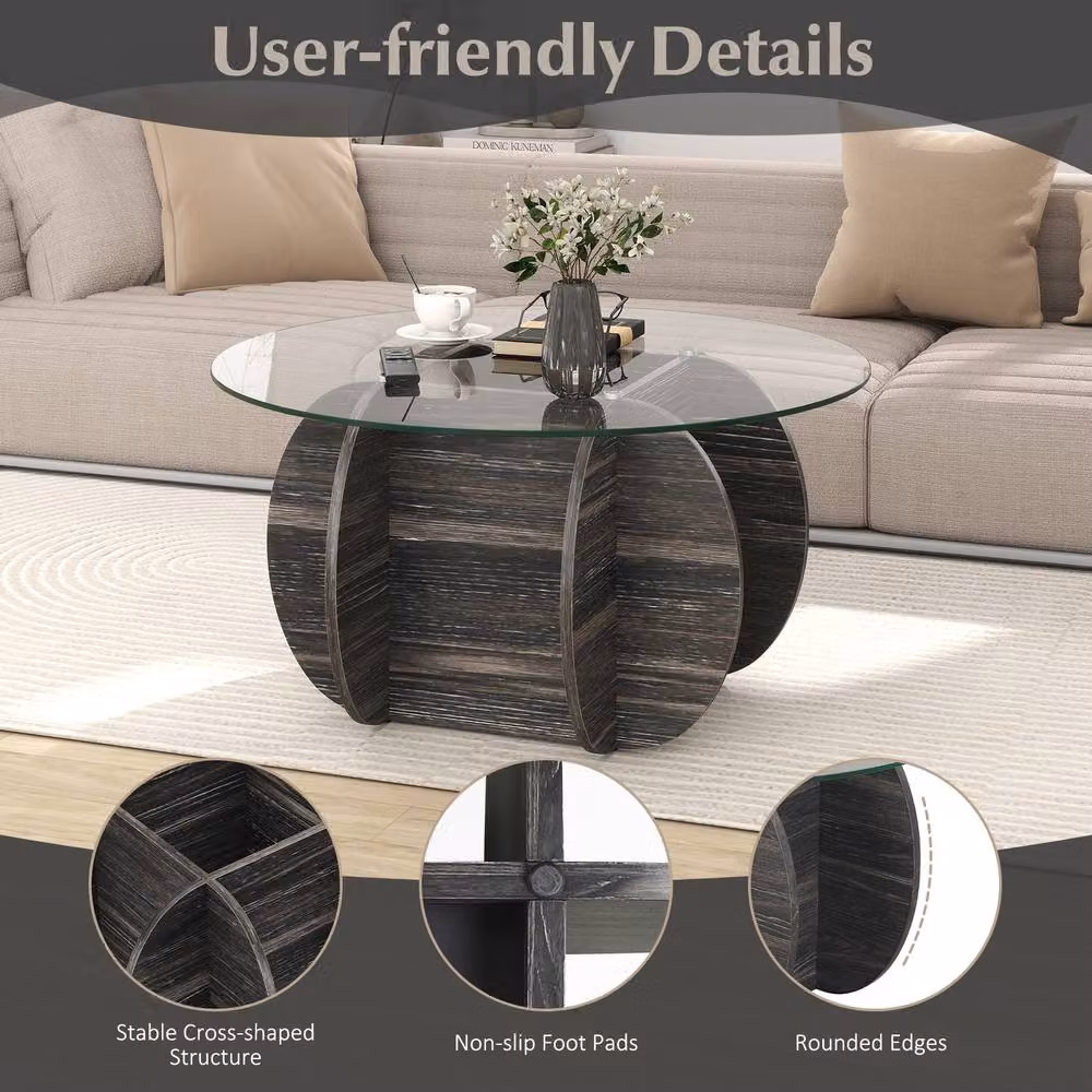 Gymax Round Coffee Table with Glass Top and Storage in Black, Diameter: 89 cm – 4