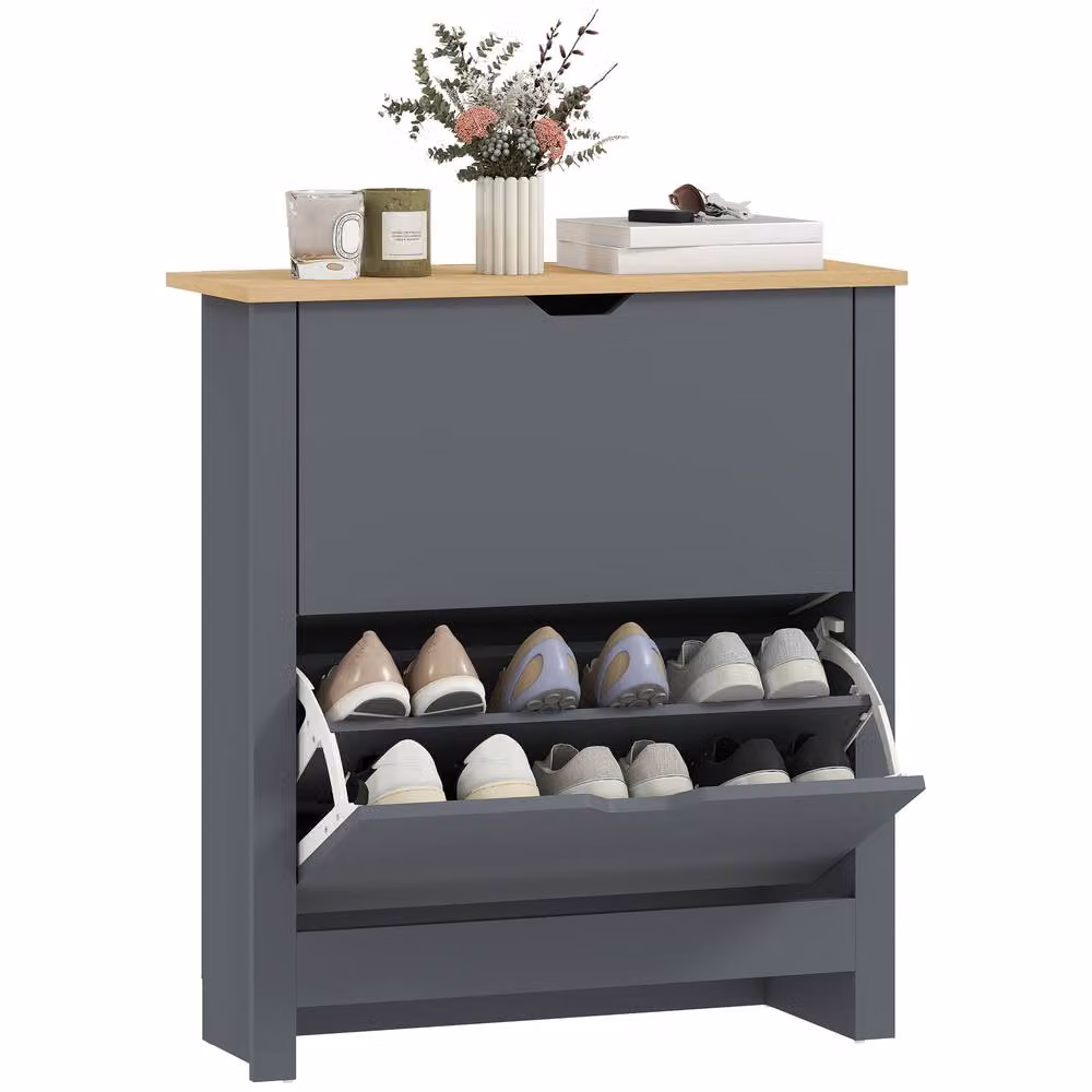 HOMCOM Modern Grey Shoe Storage Cabinet with Tilting Compartments and Internal Shelves – 2
