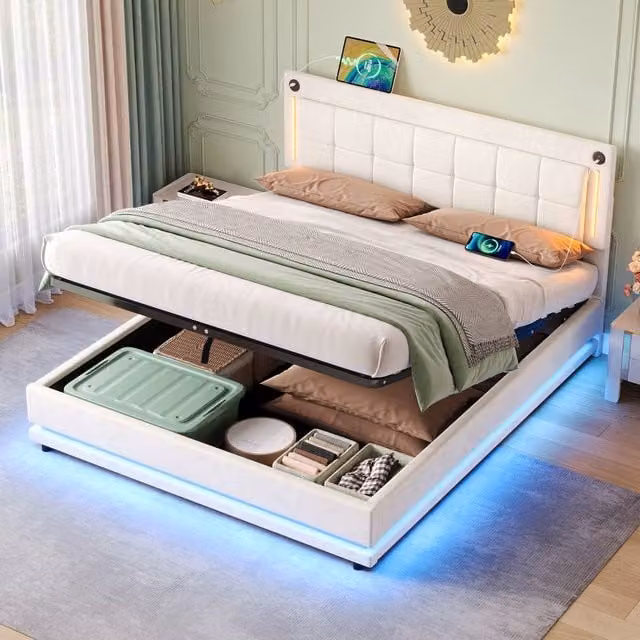 BTM Beige 5ft King LED Hydraulic Bed with USB Charging and Tufted Headboard, W/D/H: 150 x 200 x 47.4 cm