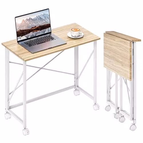 HOMCOM Small Folding Computer Desk with Castors, Sand