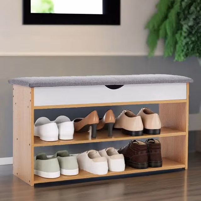 Pirlo Plush 3 Tier Shoe Storage Bench with Seat in Natural – 1