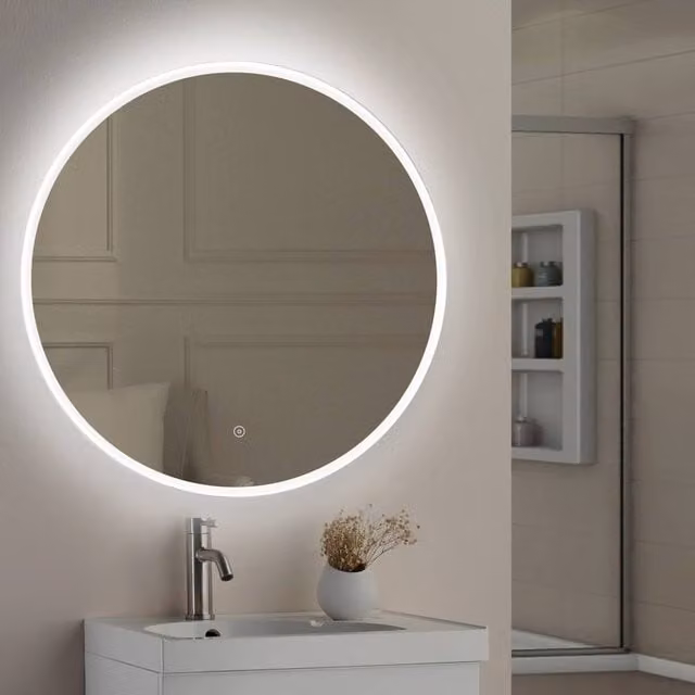Bathroom Kingdom Lily Round Illuminated LED Mirror in Silver, Diameter: 80 cm