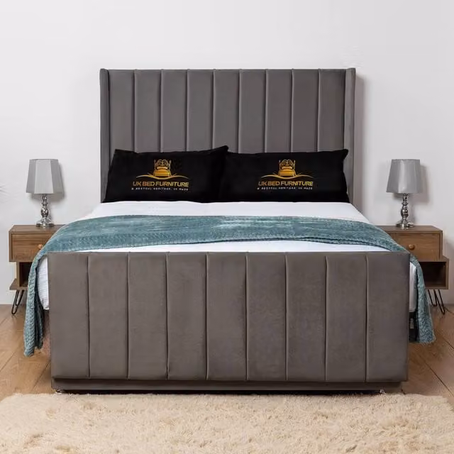 UK Bed Furniture Seoul Wingback Divan Bed Base with 54 Inch Headboard in Anthracite Grey, W/D/H: 140 x 200 cm