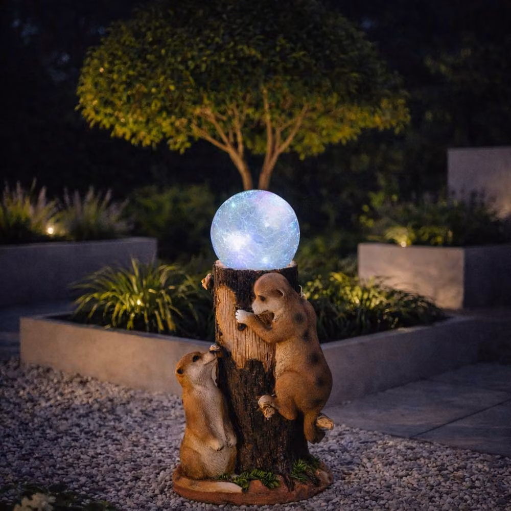 Gardenwize Solar Meerkat Crackle Ball Light with Colour Changing LED in Brown, Diameter: 35 cm – 3