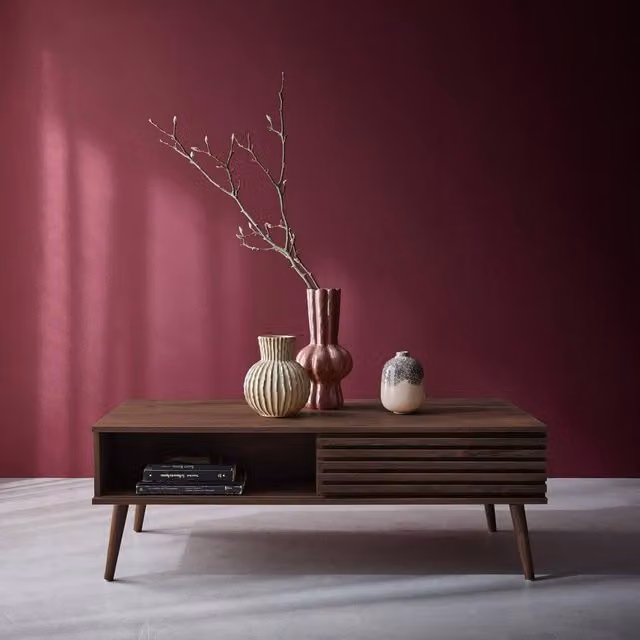 sweeek Scandinavian Style Rectangular Coffee Table with Wood Grooved Effect in Brown, W/D/H: 119 x 59 x 41.5 cm