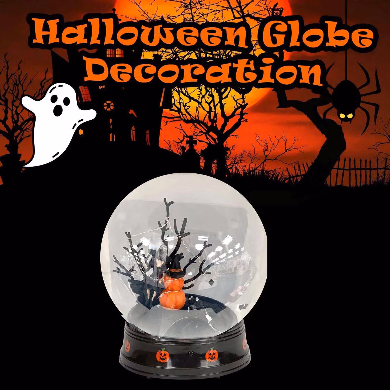 VFM e-Store Halloween Round Glass Globe Light Up Tabletop Decoration, Black, W: 21 cm, D: 17 cm, H: 2.54 cm – 3
