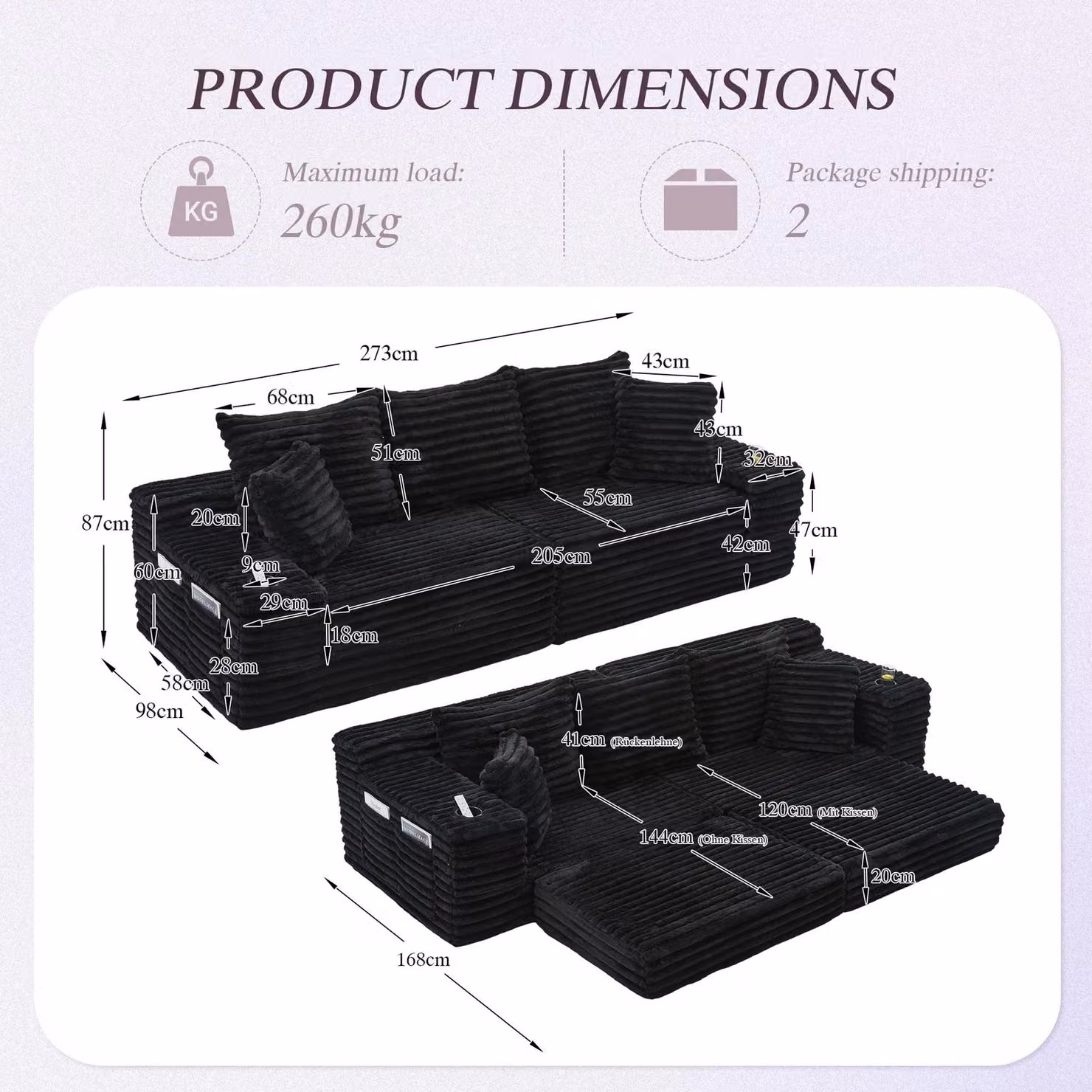 Aosom UK Black Ribbed Corduroy Convertible Sofa Bed with High Backrest, Extra Pillow and Dual Side Pockets, W/D/H: 107.5 x 38.5 x 34 cm – 3