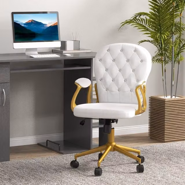 Vinsetto Home Ergonomic Swivel Office Chair in White and Beige Velvet with Armrests and Castors