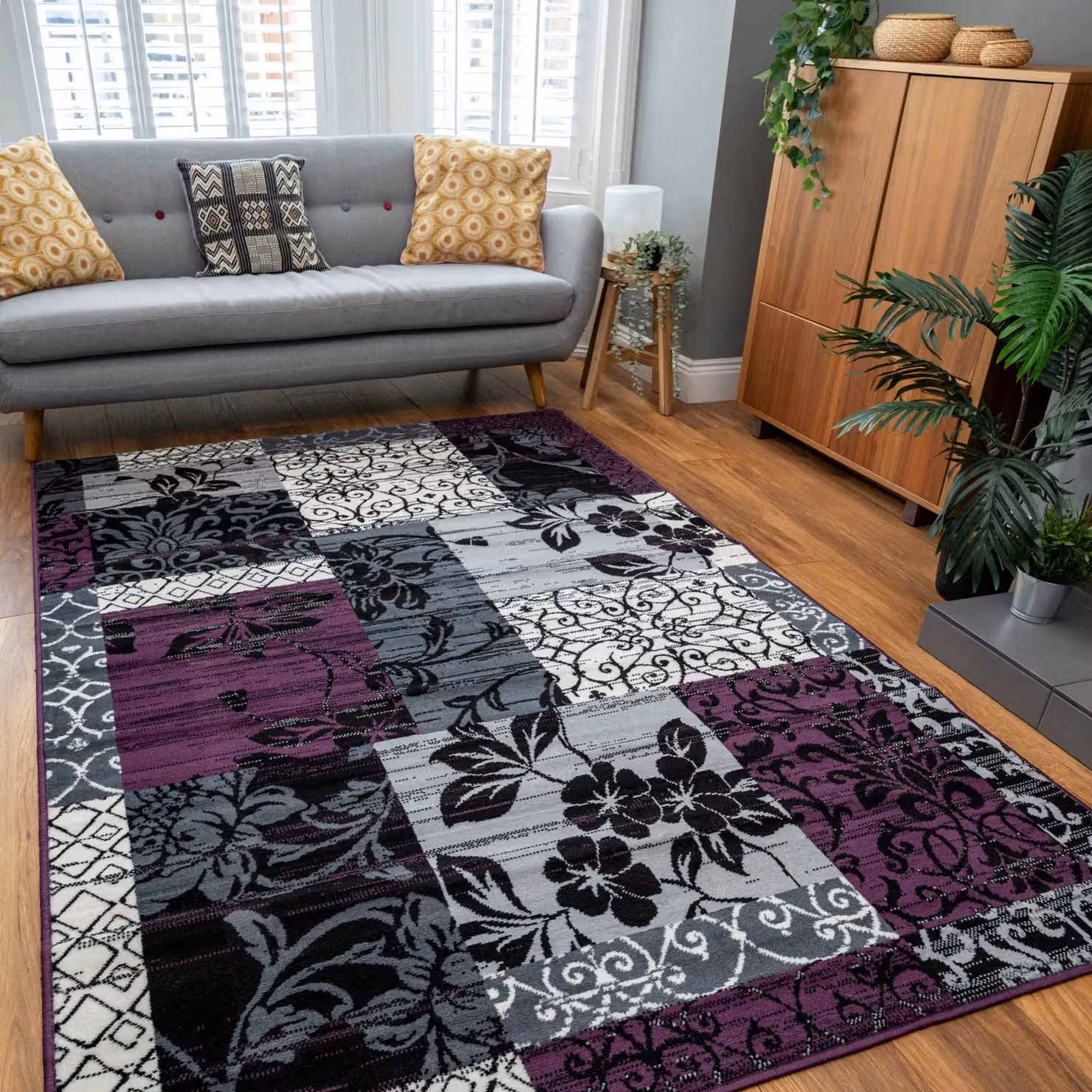 Kukoon Traditional Patchwork Living Area Rug in Purple, Black and Grey, W/D/H: 240 x 330 cm – 2