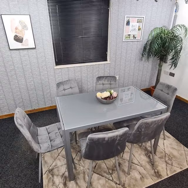 Kosy Koala Modern Rectangular Glass Dining Table and 6 Grey Velvet Chairs Dining Set