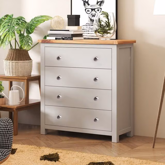 Cabinet Bits Argenta 4 Drawer Chest of Drawers in Light Grey Pine with Chrome Knobs