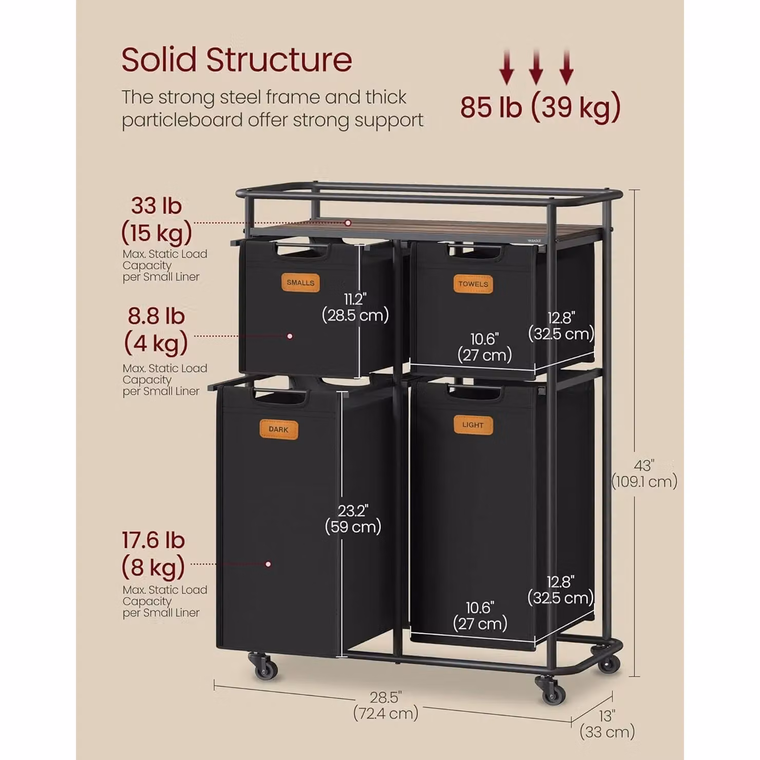 VASAGLE Mobile Sorting Laundry Station with Removable Bags and Wheels, Black – 2
