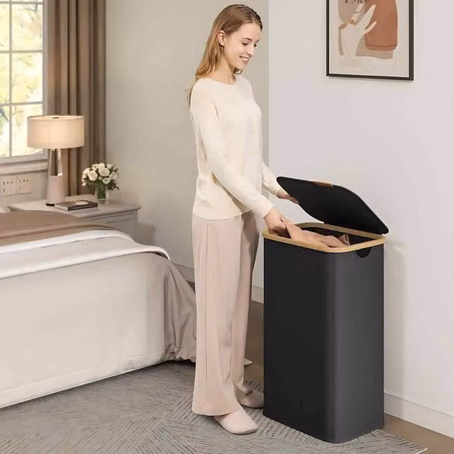 The Bazaarist Foldable Bamboo Laundry Hamper with Lid, Black – 1