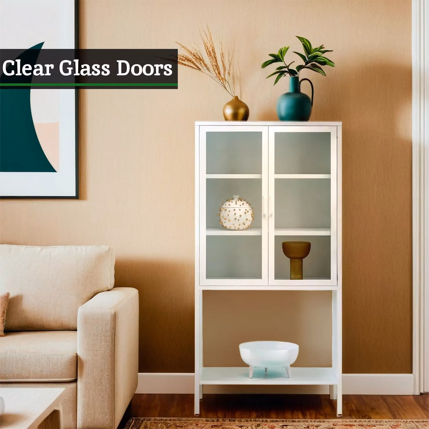 Orsina Industrial White Metal and Glass Two Door Storage Cabinet with Internal Shelves – 3
