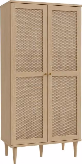 Furniture To Go Calasetta Modern Rattan Display Cabinet with Glass Doors in Brown and Beige