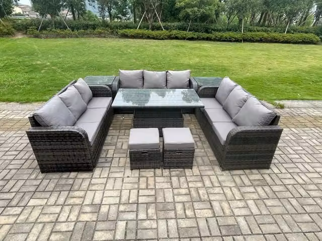 Fimous 11 Seater Outdoor Rattan Garden Dining Set with Height Adjustable Rising Table in Dark Grey