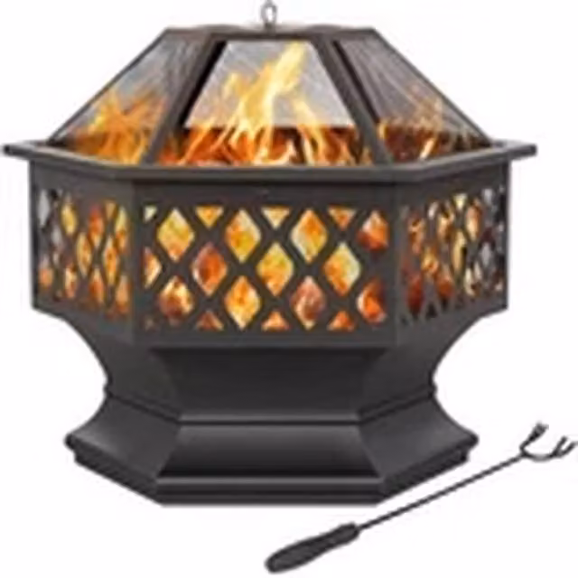 EONLION Black Hexagon Metal Outdoor Fire Pit Bowl with Cover and Poker, Diameter: 61 cm